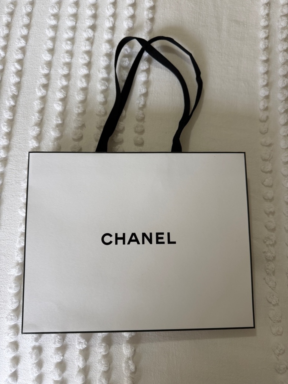 CHANEL White and Black Logo Shopping Bag with Ribbon Handles